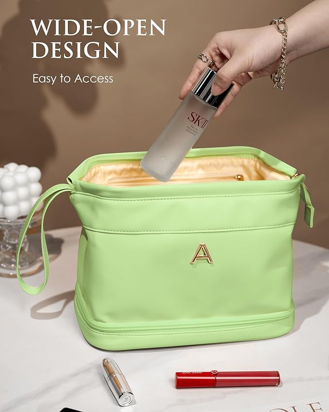 Monogrammed Gifts for Women, Initial Large Makeup Bag, Bride To Be Gifts, Double Layer Cosmetic Bag, Waterproof PU Travel Toiletry Bag for Bachelorette Party Women Wedding Bridal, Bride Gifts