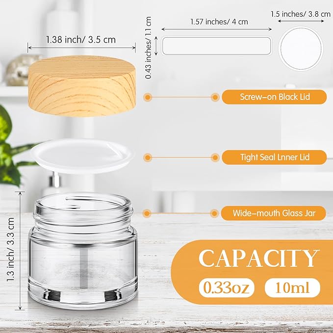 Layhit 24 Pcs Glass Jars with Lids Clear Small Jars with Plastic Woodgrain Lids, White Labels and Inner Liners Empty Round Cosmetic Containers for Creams Lotions Powder Candle Making (0.34oz/ 10ml)