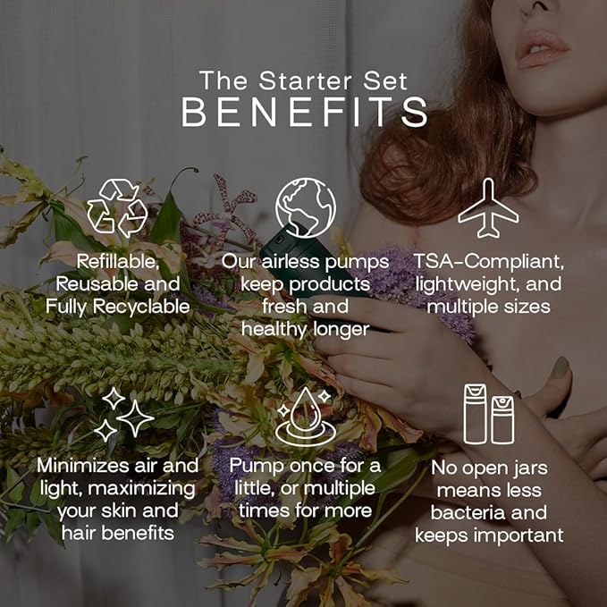 Starter Set Toiletry Travel Bottles – Set of 3 (1.7oz) Airless Pump Containers for Shampoo, Conditioner, Body, Face – Leak-Proof, TSA-Approved, Dishwasher Safe- (Escapade Green)