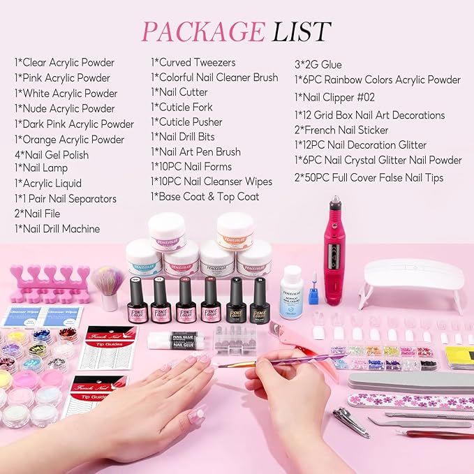 Acrylic Nail Kit for Beginners with Everything 6 Colors Acrylic Powder 4PC Gel Polish 24PC Glitter Powders Professional Nails Kit AcrylicSet with Drill Nail Lamp Manicure for women
