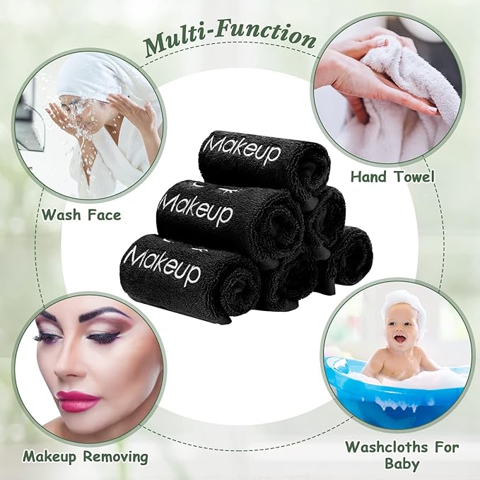 30 Pcs Microfiber Black Makeup Washcloths for Face 13 x 13 Inches Makeup Remover Towels Reusable Absorbent Removers Face Wash Cloth with Embroidery for Women