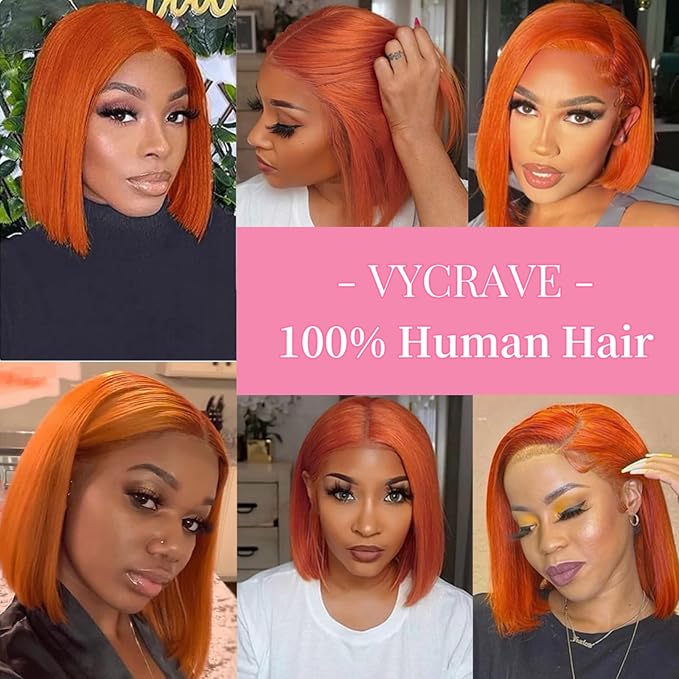 10 Inch Ginger Orange Bob Lace Front Wigs Human Hair for Women 13x4 HD Transparent Lace Frontal Wigs Pre Plucked with Baby Hair Glueless Wigs Human Hair 180% Density 350# Colored Straight Bob Wig