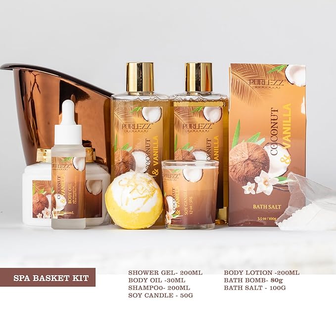 Spa Gift Basket for Women, Coconut & Vanilla Luxury Home Spa Kit, 8pcs Bath Gift Set, Birthday Gift for Women Unique with Bath Bombs, Scented Candle, Body Lotion, Spa Bath Sets for men Gift