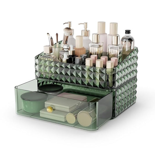 Makeup Organizer for Vanity, Stackable Cosmetics Organizer and Storage, Cosmetic Display Cases with 1 Drawers and 1 Tray for Makeup Brush, Hair Accessories, Lipstick and Jewelry, Green