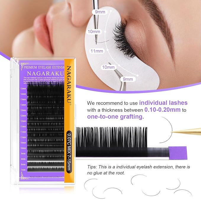 NAGARAKU Eyelash Extensions Individual Lashes 0.05mm C curl 12mm Classic Matte Black Soft Natural Professional 16 rows Beauty Salon Supplies