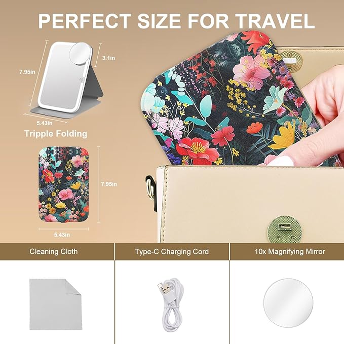 Mocado Travel Makeup Mirro with Lights, 360° Rotation Lighted Makeup Mirror, Portable Mirror with 10x Magnification, 3 Color Lightings, Dimmable Touch Screen, Tabletop Light up Mirror(Flower)