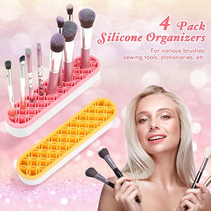 MAQUITA 4 Pcs Silicone Makeup Brush Holder Stand Multipurpose Cosmetic Travel Storage Box Painting Pen Brush Organizer Desktop Makeup Brush Drying Rack for Brush, Eyeliner Pencil Art (Multicolored)