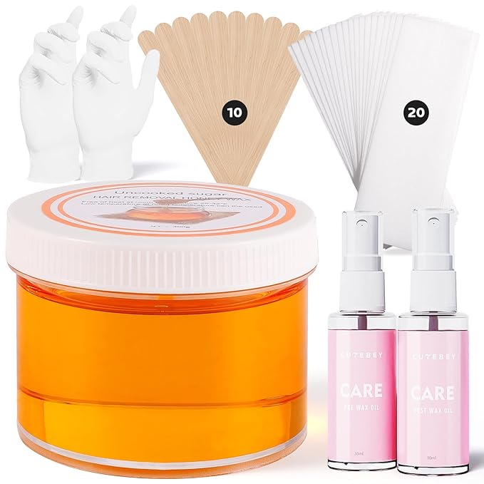 Sugar Wax Kit for Hair Removal: 300g/10.6oz Organic Sugaring Wax for Face Body Legs Bikini Back - with Large Strips and Sticks, Care Oils, Gloves