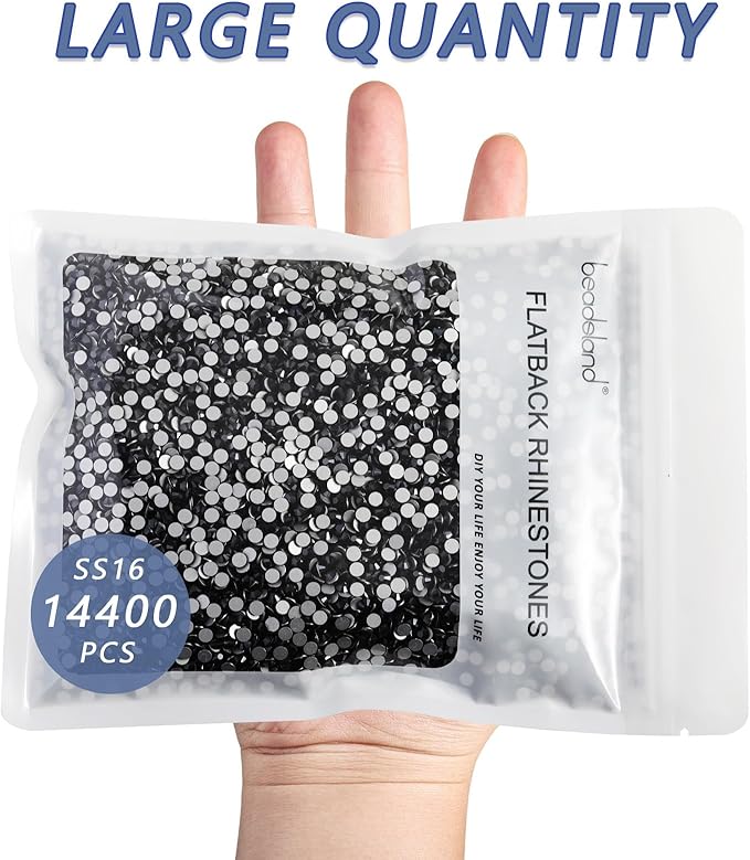 Beadsland Flatback Rhinestones Bulk, 14400pcs Rhinestones for Nails Crafts Clothes DIY Decoration,Jet Hematite, SS16, 3.8-4.0mm