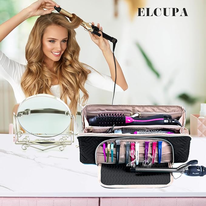Large Hair Tools Travel Bag with Iron Mat - 2in1 Hair Tools Organizer for Hair Dryer Brush, Flat Irons, Straighteners, Curling Irons, Hair Bag, Makeup Bag, Cosmetic Bag for Travel Essentials