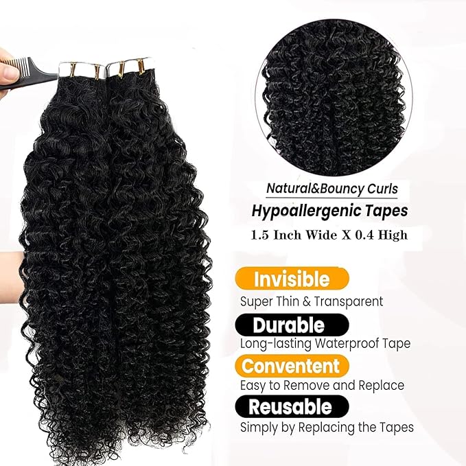 Kinky Curly Tape in Hair Extension Double Sided Skin Weft Brazilian Human Hair for Black Women 14Inch 50G 20PCS/Set Seamless Afro Curly Tape In Extensions Natural Color Invisible Tape Hair Extensions