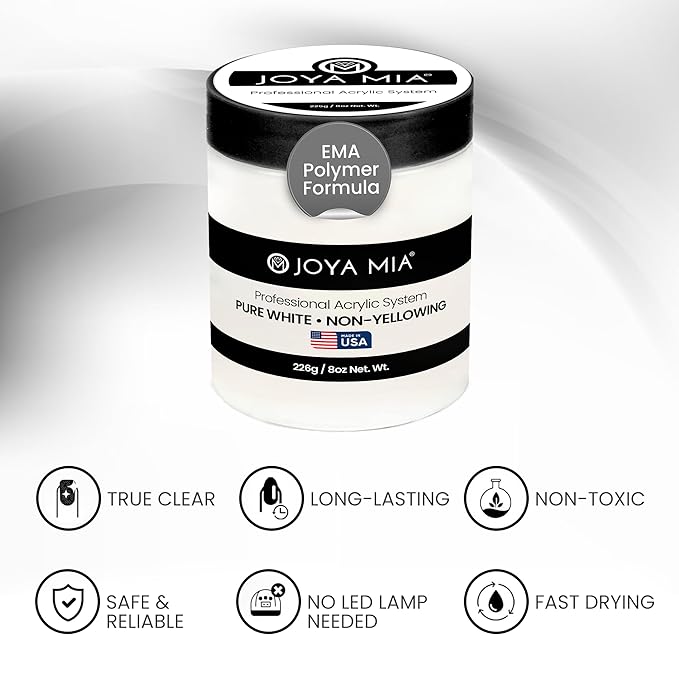 Joya Mia Acrylic Powder for Nails, MMA-Free, Super Adhesion Professional Powder for Flawless & Long-Lasting Nail Enhancements, Easy Application, Vibrant & Stunning Colors - Pure White, 8 oz