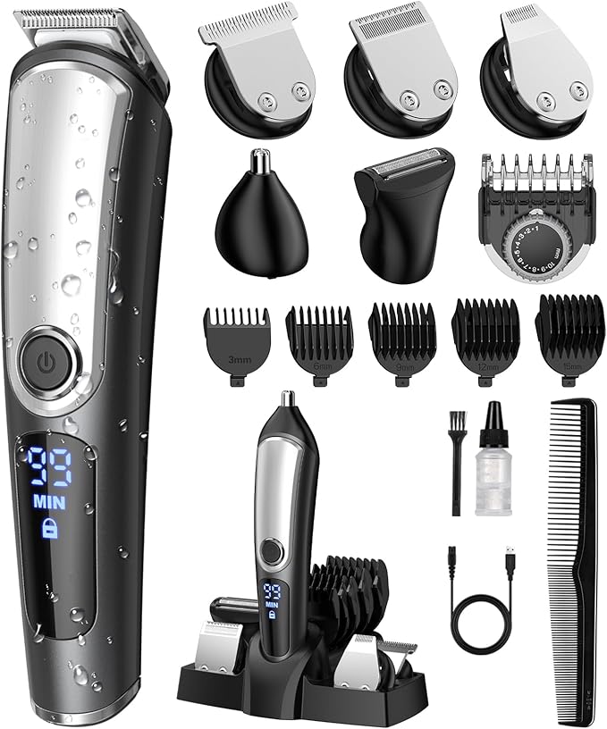 Beard Trimmer for Men, Electric Razor Shavers for Men Face, Cordless Rechargeable Waterproof Mens Grooming Kit, Mustache Nose Body Hair Trimmer Clipper, LED Display, Gifts for Men Fathers Boys
