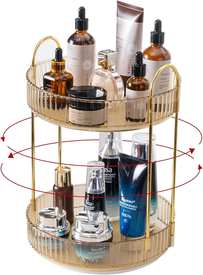 360 Rotating Makeup Organizer, Yellow, Unisex, 2 Tier Countertop Storage, Large Capacity, Cosmetics, Perfume, Skincare, Lipsticks