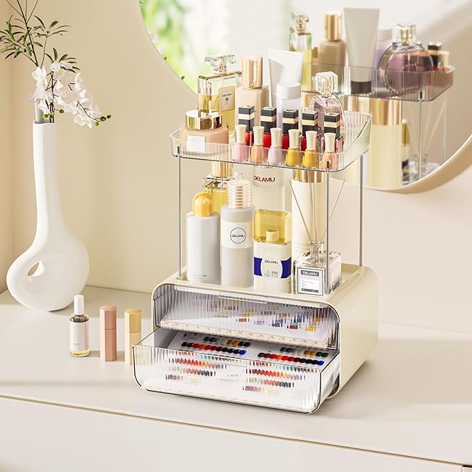 Delamu Bathroom Counter Organizer 2-Drawers 2-Tier Acrylic Makeup Organizer for Vanity Countertop, Skincare Perfume Storage, Easy Assembly, Ideal Gift for Women Cream White