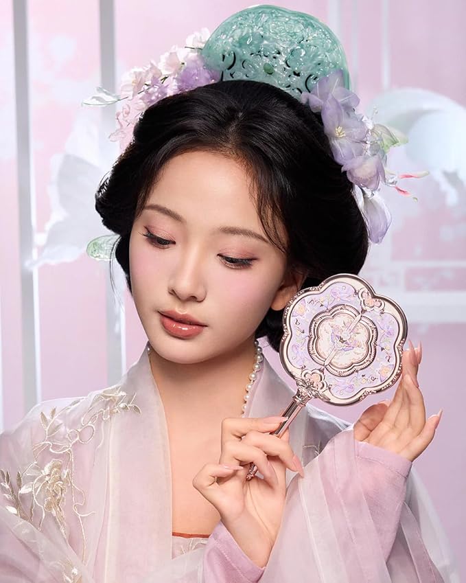 Flower Knows Butterfly Cloud Collar Hand Mirror,Portable Vintage Handheld Mirror,Durable Metal Mirror,Cute & Aesthetic Princess Mirror,with Long Handle for Easy Holding,Gift for Girls(Hibiscus Lilac)