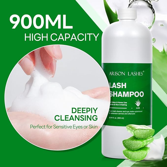 ARISON LASHES Lash Shampoo Large Bottle Eyelash Cleanser 900ML, Professional Lash Shampoo for Lash Extensions Premium Eyelid Foaming Cleanser for Salon and Home Use（aloe）