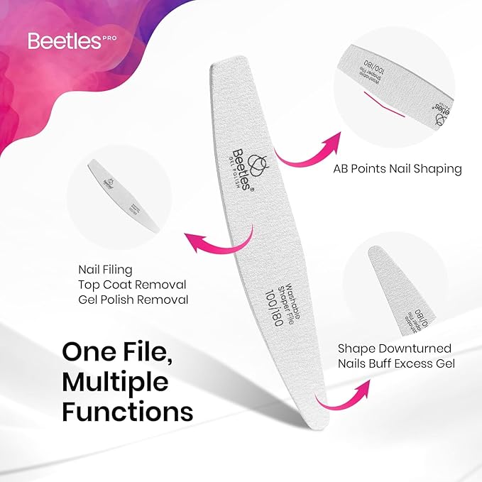 Beetles 2-in-1 Washable Nail File, Zebra Gray Grit Durable Nail Buffer with Diamond and Crescent Shape for Precise Filing, Professional and DIY Manicure Tool for Shaping and Smoothing