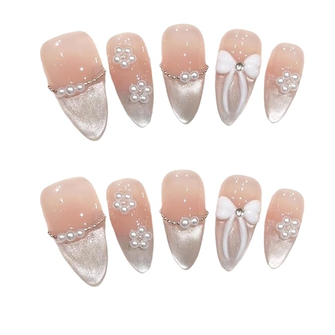 Press on Nails Handmade Nails 3D Press on Nails Short Medium Oval Almond Nails Fake Nails Glitter Cat Eye Nails Gel Nails Durable Reusable False Nails 10 Pcs (Ice Butterfly, S)