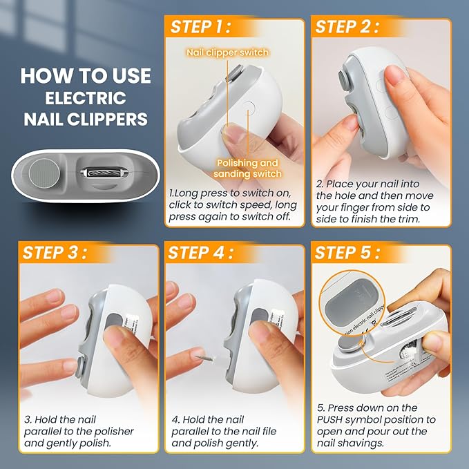 Electric Nail Clipper: 3-in-1 Automatic Fingernail Trimmer, Polisher & Clip Storage with LED Light, USB Rechargeable & 2 Speed Gears Automatic Safety Nails Cutter for Baby Kids Adult Seniors (White)