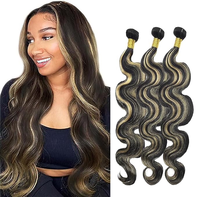 Ombre P1B27 Highlight Human Hair Body Wave Bundles Black Mixed With Honey Blonde Body Wave Bundles two tone Brazilian Human Hair Extension Wet and Wavy for Black Women 8 10 12 Inch
