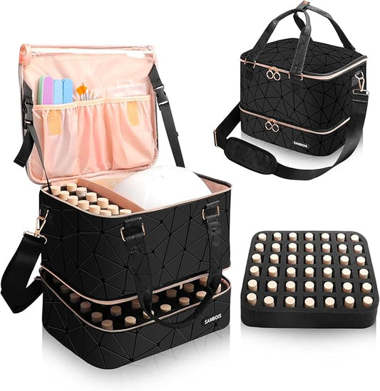 Nail Polish Organizer Bag Holds 54 Bottles (15ml/0.5 fl.oz)& Nail Lamp, PU Leather Nail Supplies Organizer with Holder& Shoulder Strap, Portable Travel Nail Kit Storage Carrying Case (Black)
