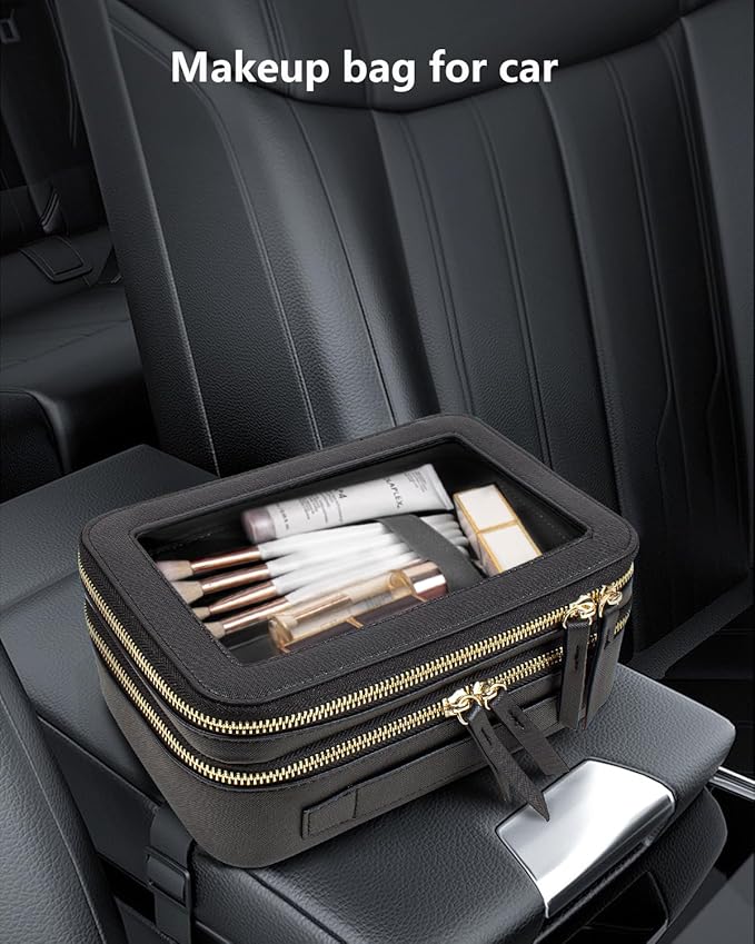 Clear Makeup Bags TSA Approved Toiletry Bag Handle Large Opening,Clear Toiletry Bags for Carry-on Traveling Travel Car Accessories Essentials Organziation Storage for Women Girls(Black, 2Layer)