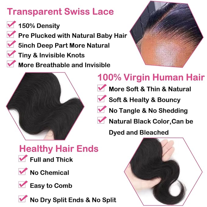 5x5 HD Transparent Closure Body Wave Human Hair Lace Closure Skinlike Brazilian 5x5 Closure 18inch Virgin Body Wave 100% Real Human Hair Free Part Closure Pre Plucked Natural Black Glueless
