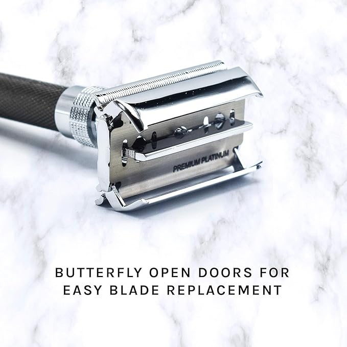 Parker, 96R Graphite Gray Long Handle Butterfly Open Double Edge Safety Razor for Men, 5 Parker Premium Platinum Double Edge Razor Blades Included