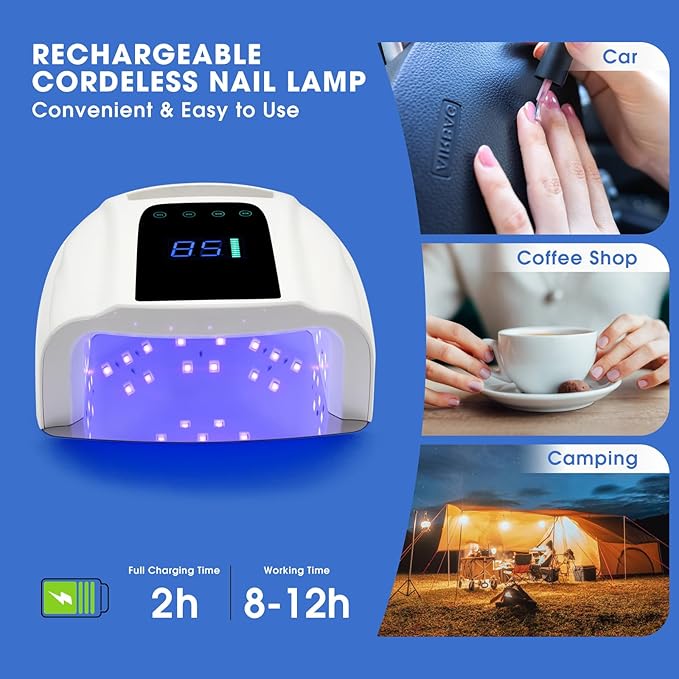 UV LED Nail Lamp 96W, Rechargeable UV Light for Gel Nails with Metal Base, Auto Sensor and 4 Timer Settings, Salon Quality UV Nail Light(White)