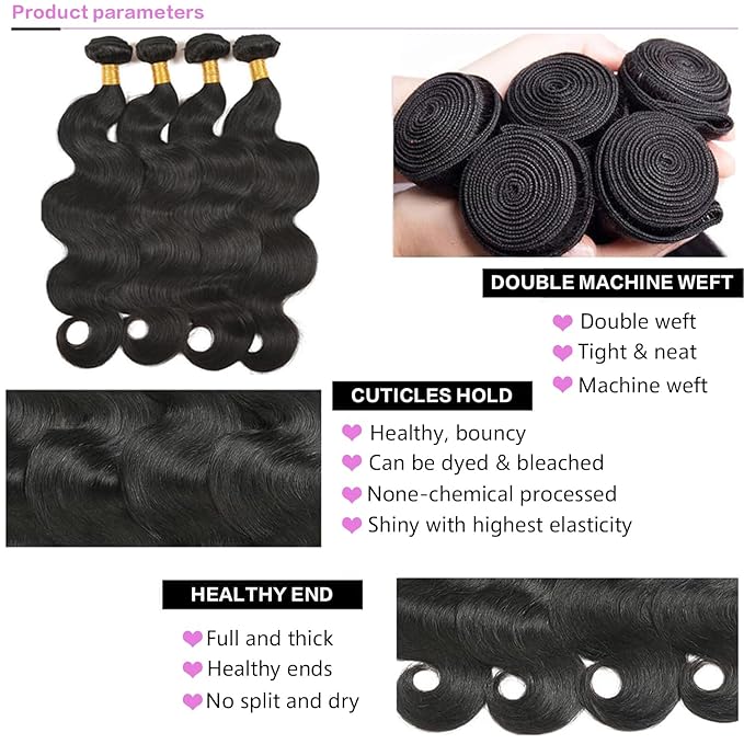 12A Human Hair Bundles 22 24 26 28 Inch Body Wave Bundles Human Hair 100% Unprocessed Brazilian Virgin Hair Body Wave 4 bundles Deals Human Hair Extensions Quick Weave for Women Natural Black