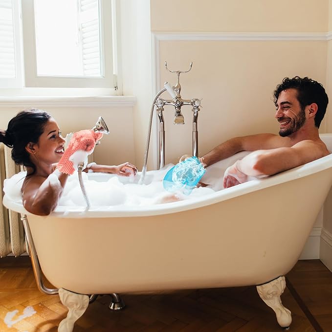 Karenhi 2 Pcs Honeycomb Exfoliating Glove Bath Mitt Body Spa Scrubber, Honeycomb Exfoliator Glove for Body Shower, Scrubber Sponge Shower Loofah, Quick Drying(Blue,Pink)