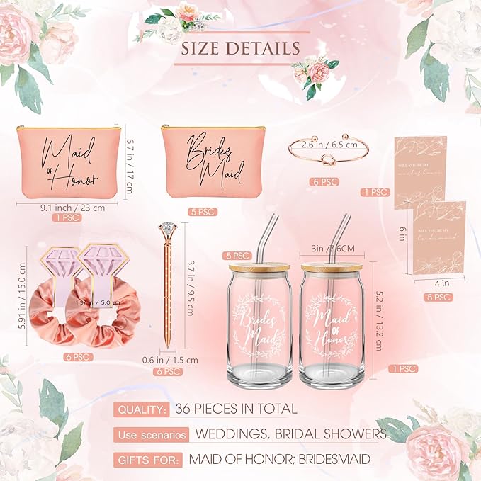 Irenare 36 Pcs Bridesmaid Proposal Gifts Bridal Shower Gifts 16 oz Glass Cup Cosmetic Makeup Bags Invited Cards Scrunchies Hair Knotted Bracelets Diamond Pens Favors for Wedding (Rose Gold)