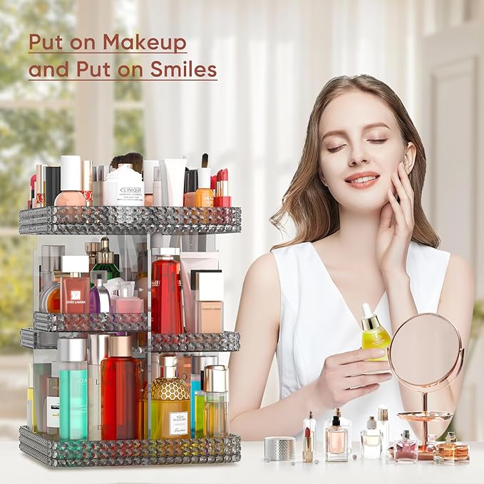 Makeup Organizer 360 Rotating Cosmetic Organizer, DIY Adjustable Makeup Carousel Spinning Holder Rack, Large Capacity Cosmetic Display Cases Vanity Countertop Fits Makeup Brushes Lipsticks (Grey)