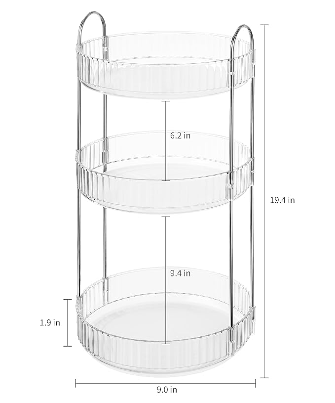 360 Rotating Makeup Organizer Clear 3 Tier Bathroom Organizer Spinning Perfume Organizers, Skincare Organizers Dresser Organizer Makeup Carousel with Silver Handle Cosmetic Brush Storage