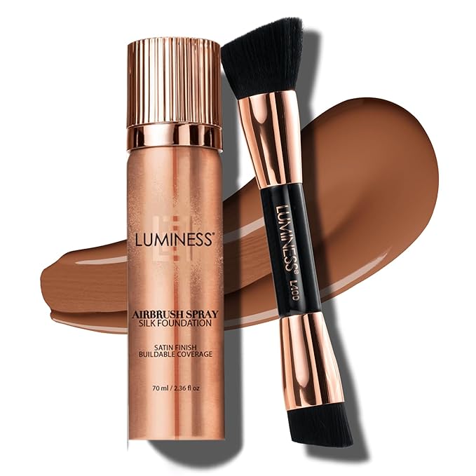 LUMINESS Silk Airbrush Spray Foundation & Buffing Brush Kit – Full Coverage Foundation & Dual-Sided Buffing Brush - Buildable Coverage, Anti-Aging Formula Hydrates & Moisturizes (Shade - Light Deep)