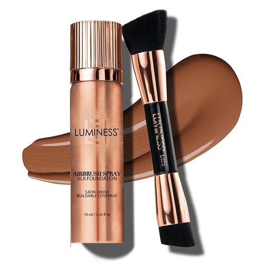 LUMINESS Silk Airbrush Spray Foundation & Buffing Brush Kit – Full Coverage Foundation & Dual-Sided Buffing Brush - Buildable Coverage, Anti-Aging Formula Hydrates & Moisturizes (Shade - Light Deep)