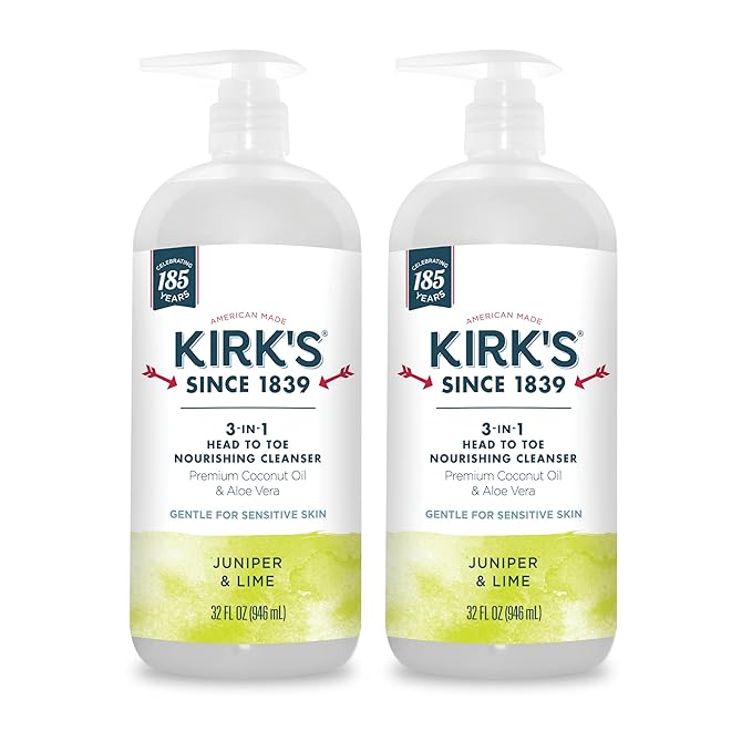 Kirk's 3-in-1 Head to Toe Nourishing Liquid Cleanser- for Men, Women & Children - Premium Coconut Oil & Aloe Vera- Non GMO & Vegan -Juniper & Lime - 32 Fl Oz 2 Pack