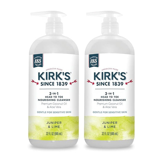 Kirk's 3-in-1 Head to Toe Nourishing Liquid Cleanser- for Men, Women & Children - Premium Coconut Oil & Aloe Vera- Non GMO & Vegan -Juniper & Lime - 32 Fl Oz 2 Pack