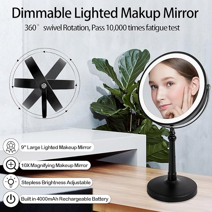 9" Lighted Makeup Mirror, 1X/10X Magnifying Mirror with Lights, Double Sided Vanity Mirror with Lights, 3 Color Dimmable Makeup Mirror with Light (Black)