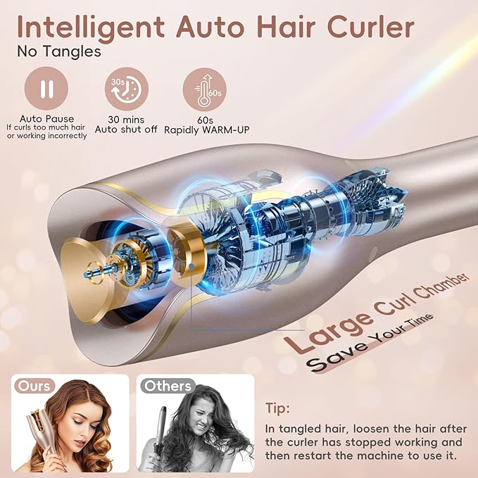 Automatic Hair Curler Auto Rotating Curling Iron with 4 Temps & 8 Timers(12s-19s), LCD Display, 1" Barrel | Dual Voltage Fast Heating, Anti-Scald & Auto Off for Home Salon & Travel Use(Rose Gold)
