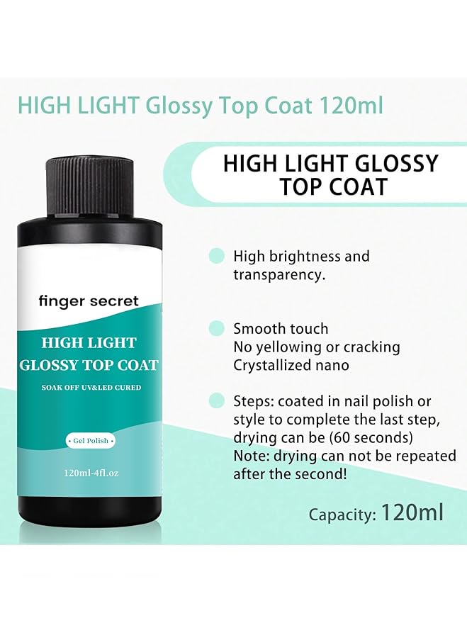 120ml/4fl.oz High Light Glossy Top Coat,Gel Top Coat, Gel Polish Nail Polish for Nail Art Manicure DIY