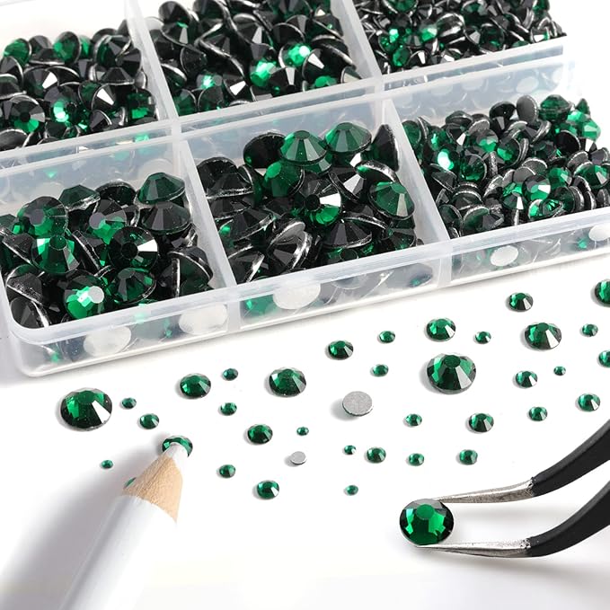 Beadsland 8300PCS Flatback Rhinestones, Green Rhinestone Round Crystal Rhinestones for Crafts, Mixed 10 Sizes with Wax Pencil and Tweezer Kit, SS3-SS30, Emerald