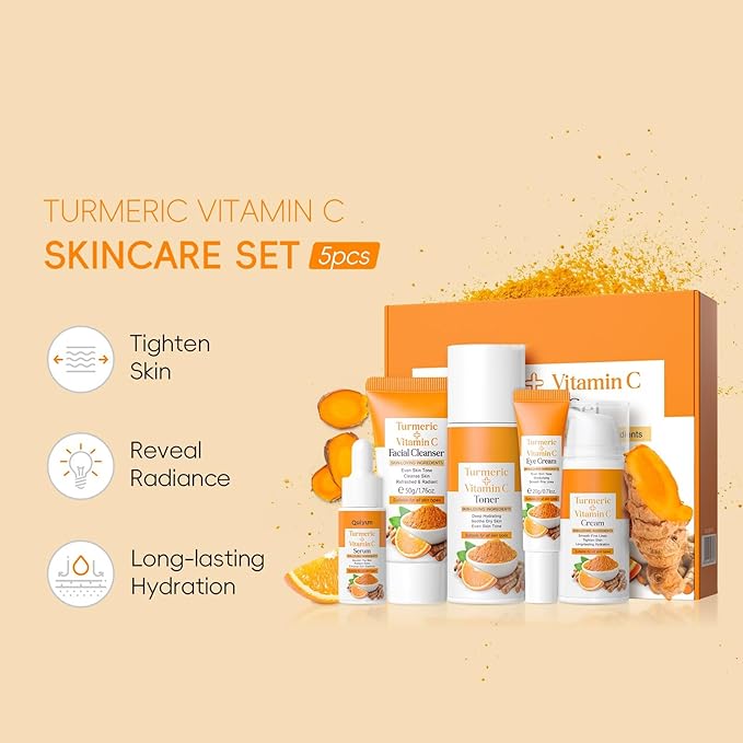 Skin Care Set, Turmeric Skincare Set for Acne Treament, Facial Turmeric Skin Care Sets & Kits for Teenage Girls with Turmeric Cleanser,Serum,Cream,Toner,Eye Cream, Facial Beauty Skincare Gifts