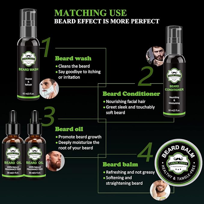 Beard Kit for Men with Beard Wash, Beard Conditioner, Beard Oil, Beard Balm, Brush, Comb, Scissors, Storage Bag, Gifts for Men Dad Husband Boyfriend