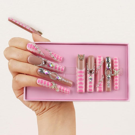 Handmade Press on Nails Pink Party, Extra Long Acrylic Nail Tips Colorful Crystal Luxury Diamond, Long Square Nails False Nails, Gifts for Women, Reusable Stick On Nails 10Pcs, Size M