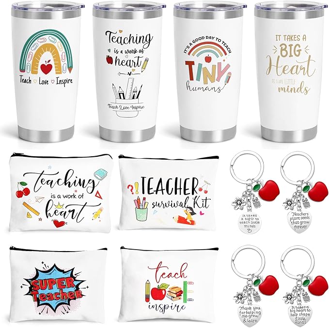 UAREHIBY 12 PCS Teacher Appreciation Gifts in Bulk,20 OZ Wine Tumbler Thank You Gifts for Women Men,Teacher Appreciation Week Gift with Keychain,Best End of Year Gift with Cosmetic Bag