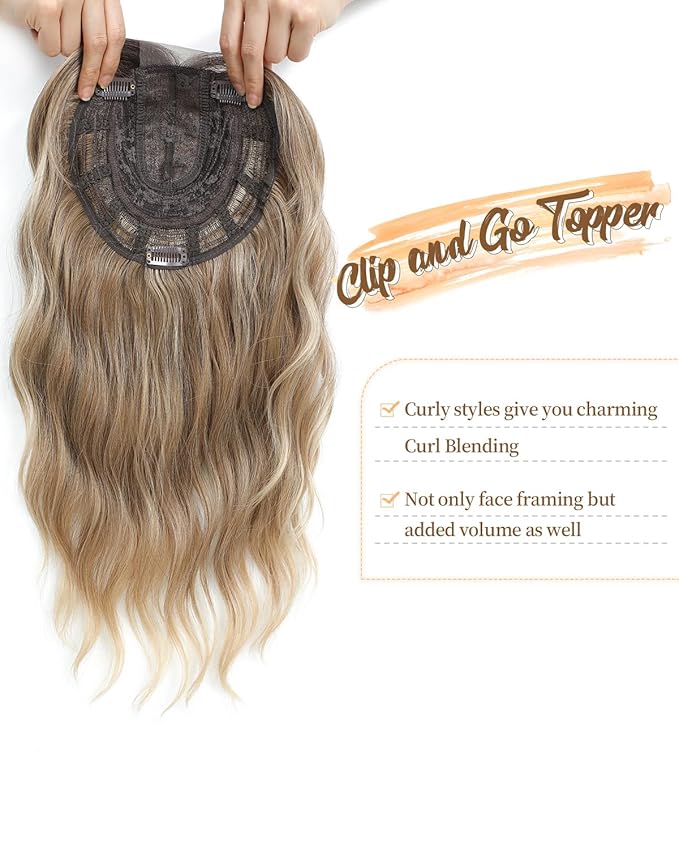 PANEWAY Hair Topper 16Inch Hair Toppers For Women Wavy Curly Brown Blonde with Dark Root Clip In Hair Topper Add Hair Volume Synthetic Wiglets Hair Pieces For Women