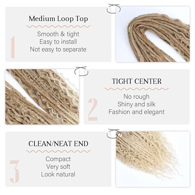 24 Inch Double Ended Dreadlock Extensions Sets, 20 Strands 3 In 1 Mixed Synthetic Dreads Extensions, Brown to Blonde Straight&Curly&Boho Handmade Dreads Hippie Dreadlocks for Woman