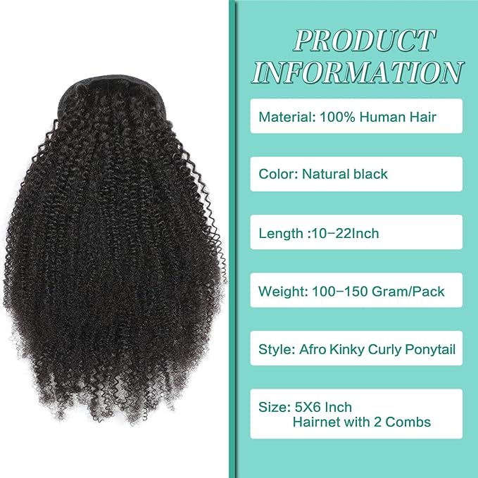 Afro Puff Drawstring Ponytail Human Hair Afro Kinky Curly Drawstring Ponytail 4C for Black Women Natural Black Extension Human Hair 12 Inch